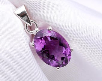Natural Purple Amethyst Oval Pendant, 925 Sterling Silver Handmade Jewelry