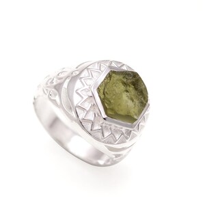 Green Moldavite Hexagon Ring, 925 Sterling Silver Christmas Jewelry, Moldavite Meteorite Ring, Moldavite Man&#39;s Ring, Birthday Gift For Lover