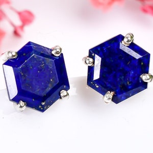 Genuine  Lapis Lazuli Hexagon Stud Earrings, 925Sterling Silver Handmade Jewelry, Delicate Earrings, Minimalist Studs, Birthday Gift For Her
