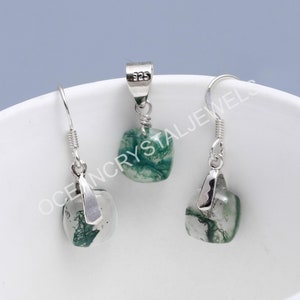 Natural Moss Agate Cushion Shape Pendant & Earrings Set, 925 Sterling Silver Anniversary Jewelry, Handmade Combo, Engagement Jewelry For Him
