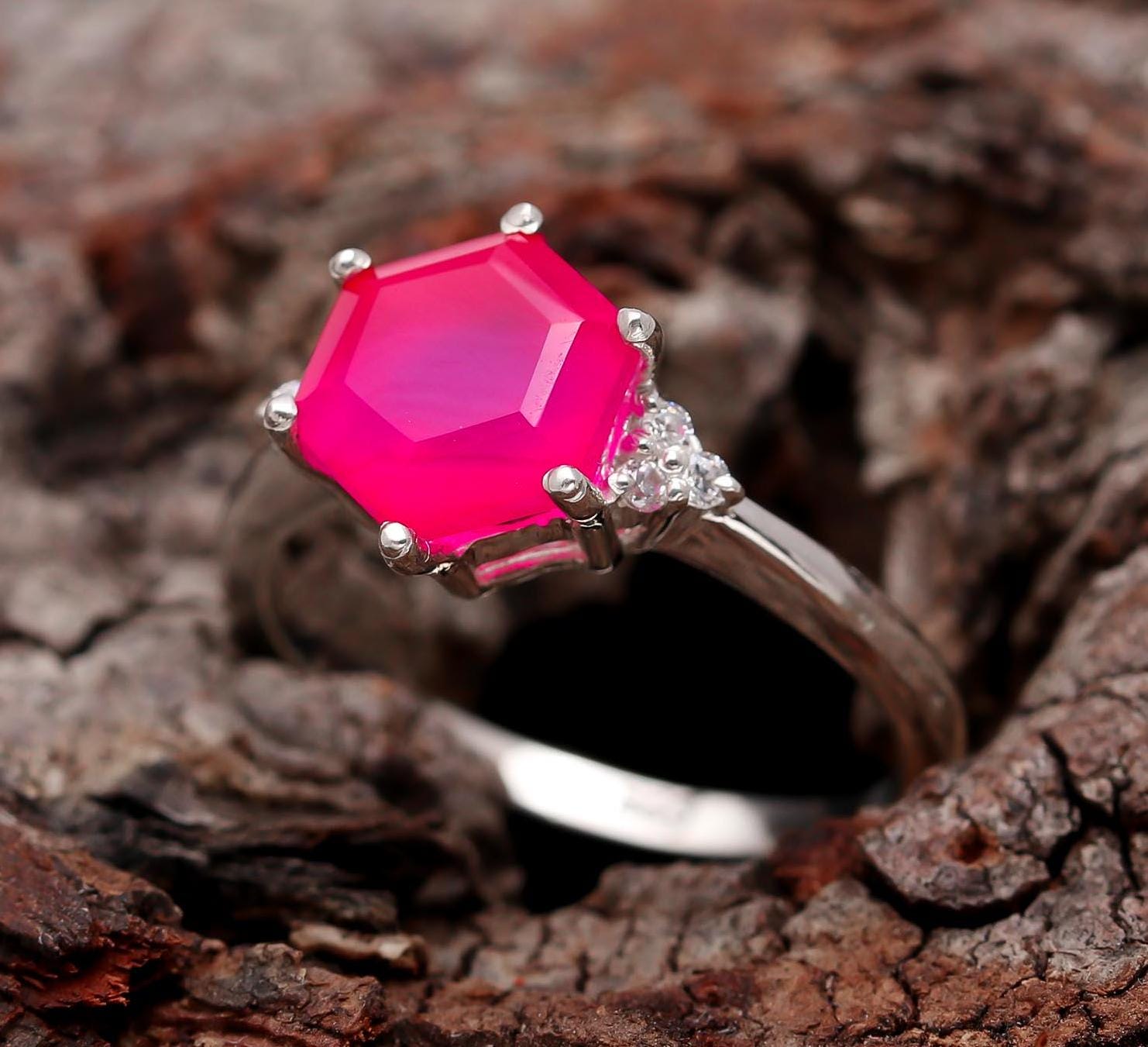 Natural Hot Pink Chalcedony Hexagon Ring, Sterling Silver Handmade…