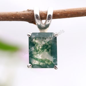 Moss Agate Octagon Pendant: Vintage 925 Sterling Silver Jewelry