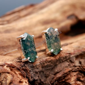 Natürliche Moosachat Hexagon Ohrstecker, 925 Sterling Silber, grüner Stein Schmuck