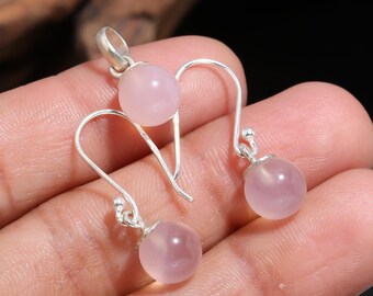 Rose Quartz Ball Jewelry Set, 925 Sterling Silver Delicate Earrings Pendant