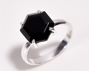 Naturlig svart onyx hexagonring, 925 sterlingsilver, bohemisk förlovningsring