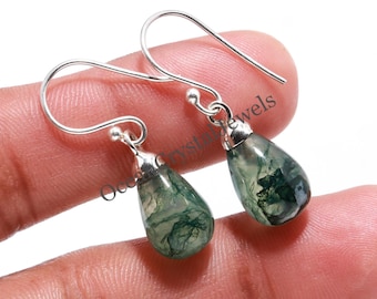 Pendientes colgantes de lágrima de ágata musgosa natural, joyería energética de plata de ley 925, pendientes hechos a mano, pendientes minimalistas bohemios, regalo de cumpleaños