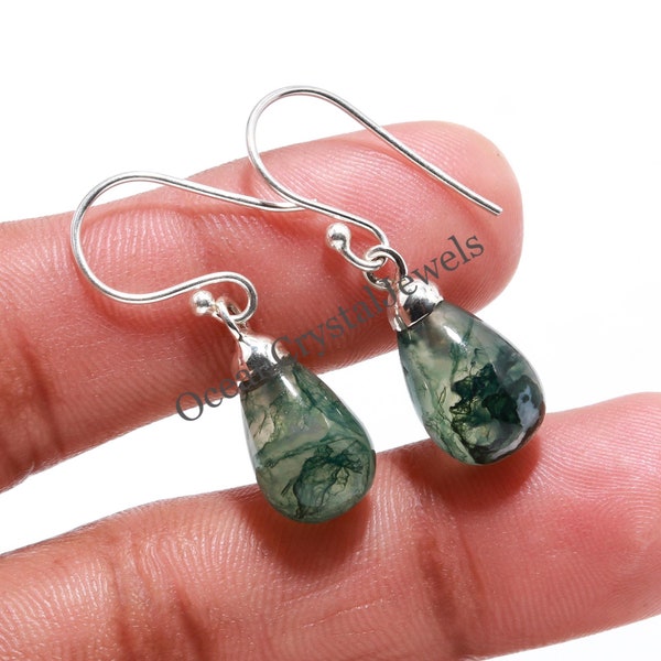 Natural Moss Agate Earring, 925 Sterling Silver Jewelry, Teardrops Vintage Earring, Green Moss Agate Jewelry, Dangle Earring, Birthday Gift,