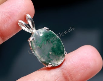 Natural Moss Agate Oval Pendant, Sterling Silver Minimalist Jewelry