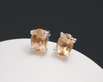 Natural Citrine Quartz Oval Stud Earrings and Ring Set, Sterling Silver Handmade Jewelry