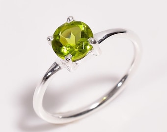 Natural Green Peridot Round Ring, 925 Sterling Silver Handmade Jewelry