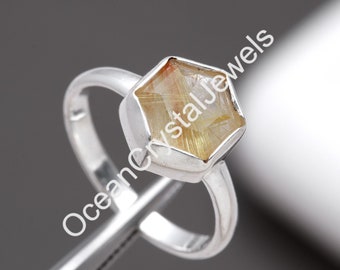 Natural Golden Rutile Quartz Hexagon Cut Ring, 925 Sterling Handmade Jewelry, Hexagon Ring, Gift For Lovers, Birthday Gift, Wedding Gift,