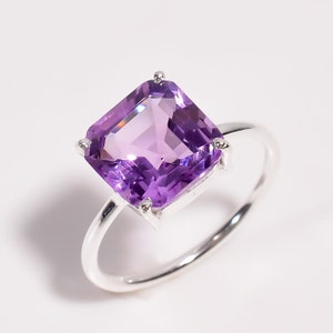 Anillo de amatista natural en forma de octágono, joyería ligera de plata de ley 925, Rosa de Francia, anillo de compromiso, anillo modernista, regalo de cumpleaños