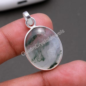 Natural Moss Agate Oval Pendant, 925 Sterling Silver Delicate Jewelry, Handmade Necklace, Vintage Necklace, Christmas Pendant, Birthday Gift