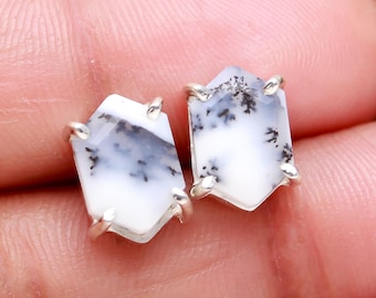 Natural Dendrite Opal Hexagon Stud Earring, 925 Sterling Silver Minimalist Jewelry, Boho Earrings, White Stone Studs, Birthday Gift For Him