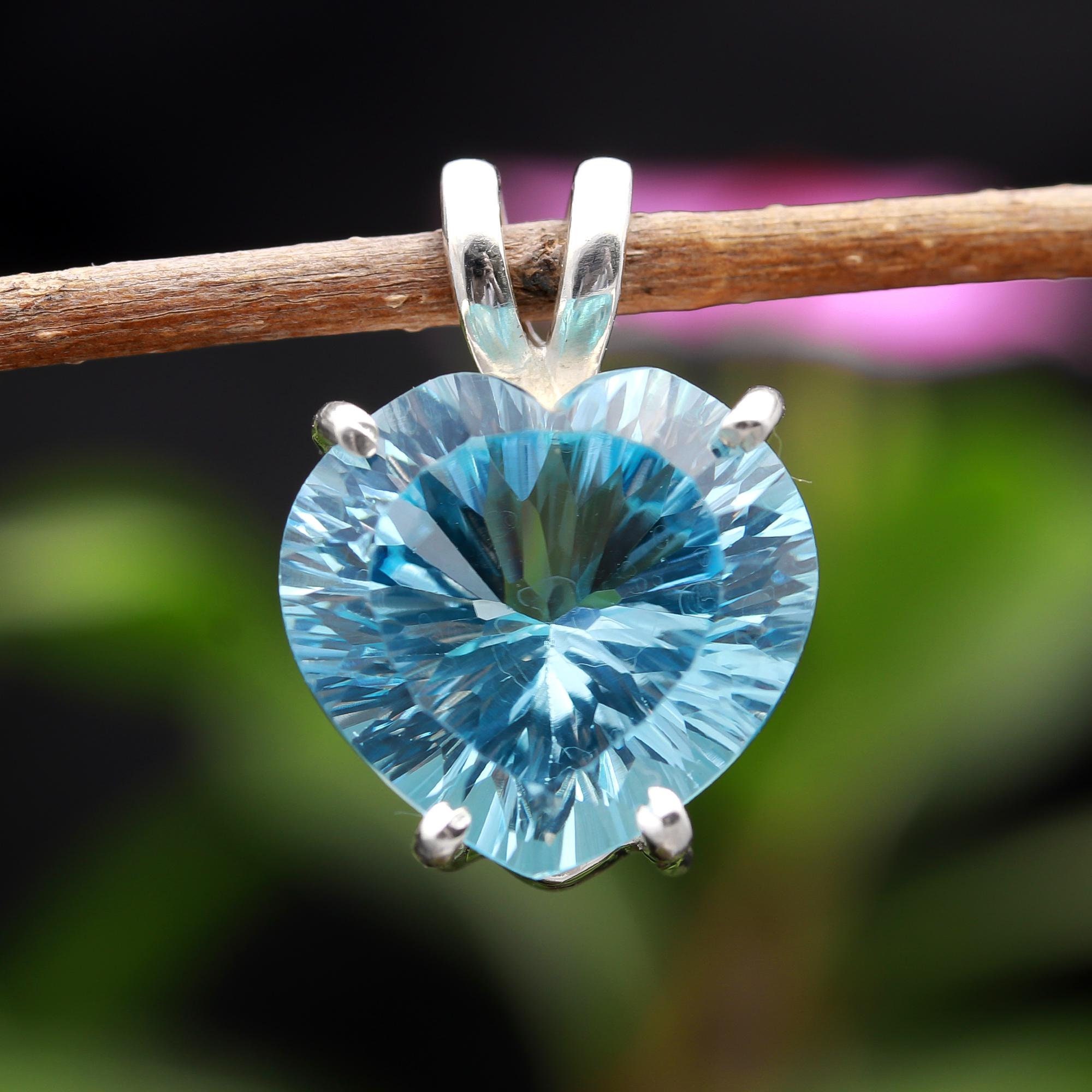 Natural Sky Blue Topaz Heart Pendant, 925 Sterling Silver, Vintage ...