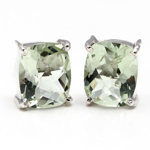 Natura Green Amethyst Cushion Studs Earrings, 925 Sterling Silver Vintage Jewelry, Healing Earrings, Prasiolite Earrings, Birthday Gift