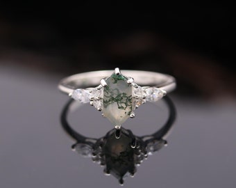 天然モスアゲート六角形リング：925スターリングシルバーの