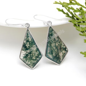 Genuine Moss Agate Kite Dangle Earrings, 925 Sterling Silver Vintage Jewelry, Wedding Earrings, Wedding Earrings, Birthday Gift For Lovers