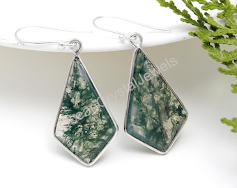 Pendientes colgantes de auténtica ágata musgosa, joyería vintage de plata de ley 925, pendientes de boda, regalo de cumpleaños para enamorados.