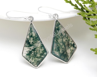 Natural Moss Agate Kite Shape Earring, 925 Sterling Silver Jewelry, Beautiful Drop & Dangle Boho Earring, Unique Birthday Gift, Wedding Gift