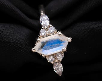Natural Rainbow Moonstone Hexagon Ring, Sterling Silver Handmade Bohemian Jewelry