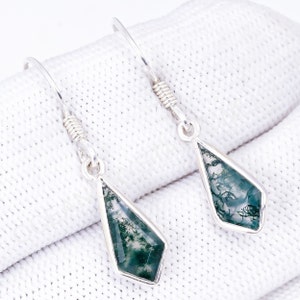 Natürliche Moosachat Drachen baumeln Ohrringe, 925 Sterling Silber Minimalist Schmuck, handgemachte Ohrringe, klobige Ohrringe, Geburtstagsgeschenk für Liebhaber