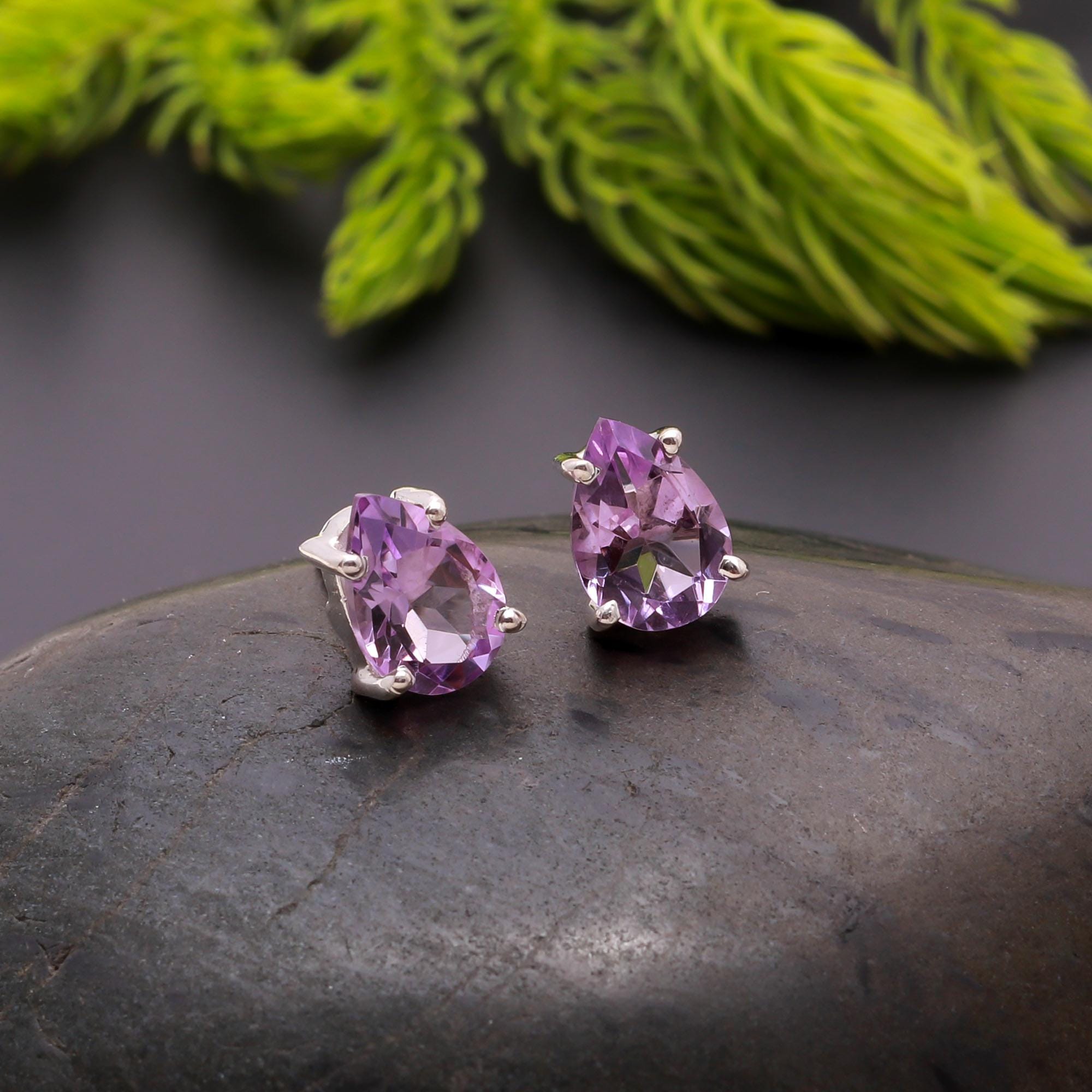 Natural Pink Amethyst Pear Stud Earrings, 925 Sterling Silver