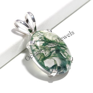 Natural Moss Agate Oval Pendant, 925 Sterling Silver Wedding Jewelry, Handmade Pendant, Vintage Pendant, Minimalist Pendant, Birthday Gift