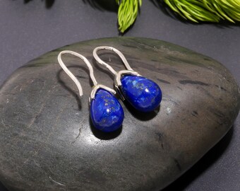 Natural Lapis Lazuli Teardrop Earrings, 925 Sterling Silver Vintage Blue Stone Jewelry