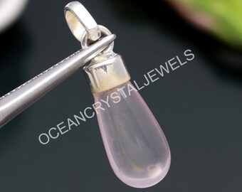 Natural Rose Quartz Teardrop Pendant, 925 Sterling Silver Vintage Jewelry