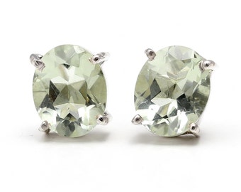 Natural Green Amethyst Oval Stud Earrings, 925 Sterling Silver Vintage Jewelry, Prasiolite Quartz mm