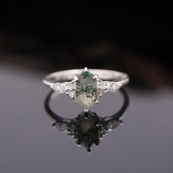 天然石リング、天然モスアゲート、シルバー925 指輪、植物モチーフ リング 天然モスアゲート六角形リング：925スターリングシルバーの