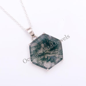 Moss Agate Hexagon Pendant Necklace: 925 Sterling Silver, Handmade