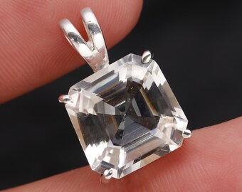 Achteckiger Anhänger mit natürlichem weißen Topas, minimalistischer Schmuck aus Sterlingsilber (10 x 10 mm Stein)
