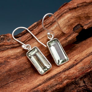 Green Amethyst Earring, 925 Sterling Silver Jewelry, Baguette Cut Amethyst Earrings, Silver Dangle Earring, Women Prasiolite Jewelry, 2.40Gm