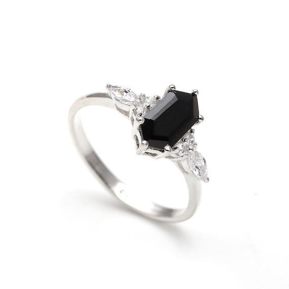 Natural Black Onyx Hexagon Ring, 925 Sterling Silver, Handmade 