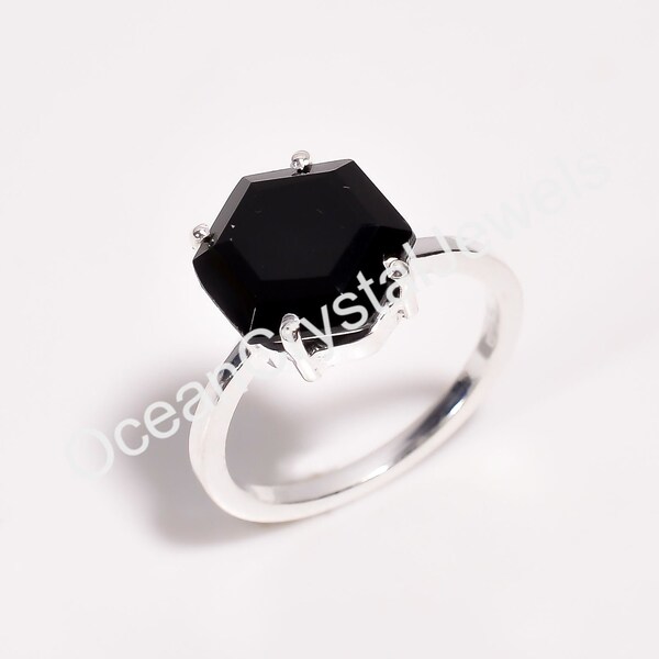 Black Onyx Hexagon Ring, 925 Sterling Silver Ring, Natural Black Stone Jewelry, Lightweight Fine Ring, Faceted Ring, Birthday Gift, 2.5 Gm.