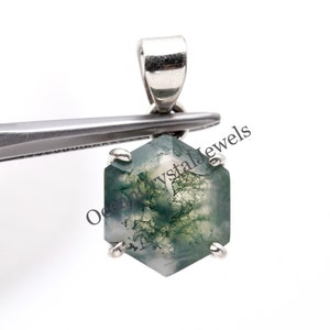 Moss Agate Hexagon Pendant: Vintage 925 Sterling Silver Healing Necklace