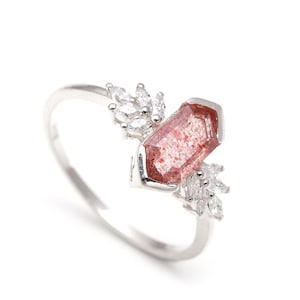 Strawberry Quartz Hexagon Ring: 925 Sterling Silver Boho Jewelry
