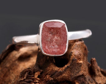 Natural Red Strawberry Quartz Silver Ring, Radiant Shape Gemstone Jewelry, Birthday Gift Ring, Silver Handmade Ring, Engagement Ring,