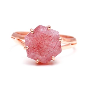 Strawberry Quartz Hexagon Ring: 925 Sterling Silver, Rose Gold Fill