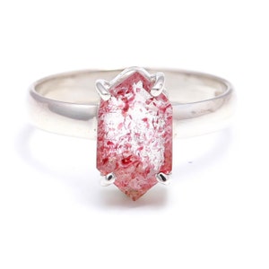 Natural Strawberry Quartz Elongated Hexagon Ring, 925 Sterling Silver Vintage Jewelry, Handmade Ring, Delicate Ring, Birthday Gift For Lover