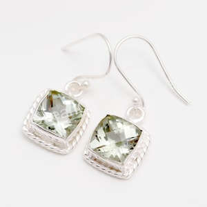 Green Amethyst Cushion Shape Earrings, 925 Sterling Silver Jewelry, Prasiolite Cushion Earring, Dangle Earrings, Valentine Gift, 4.25 gm.