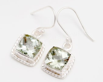 Green Amethyst Cushion Shape Earrings, 925 Sterling Silver Jewelry, Prasiolite Cushion Earring, Dangle Earrings, Valentine Gift, 4.25 gm.