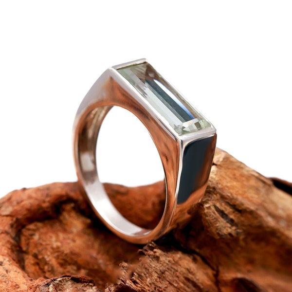 Amethyst Men's Ring, 925 Sterling Silver Ring for Lover, Natural Green Amethyst Baguette Ring, Prasiolite Ring Silver, Healing Stone Ring