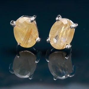 Natural Golden Rutile Oval Studs Earrings, 925 Sterling Silver Vintage Jewelry, Handmade Studs, Unique Studs, Birthday Gift For Lovers