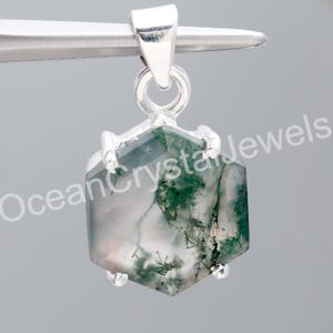 Moss Agate Hexagon Pendant: 925 Sterling Silver Vintage Necklace
