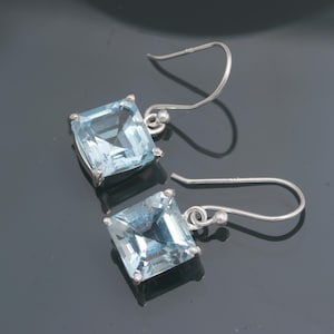 Natural Sky Blue Topaz Octagon Dangle Earrings, 925 Sterling Silver Minimalist Jewelry, Healing Earrings, Blue Stone Earrings, Birthday Gift