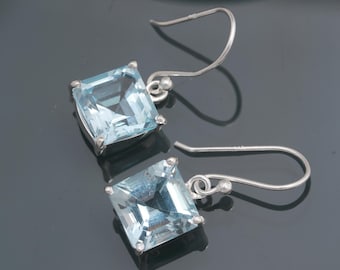 Pendientes colgantes octogonales de topacio azul cielo natural, joyería delicada de plata de ley 925, pendientes bohemios vintage, pendientes curativos, regalo de cumpleaños