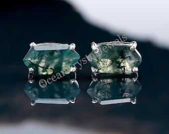 Natural Moss Agate Hexagon Stud Earrings, 925 Sterling Silver Minimalist Jewelry, Green Stone Studs